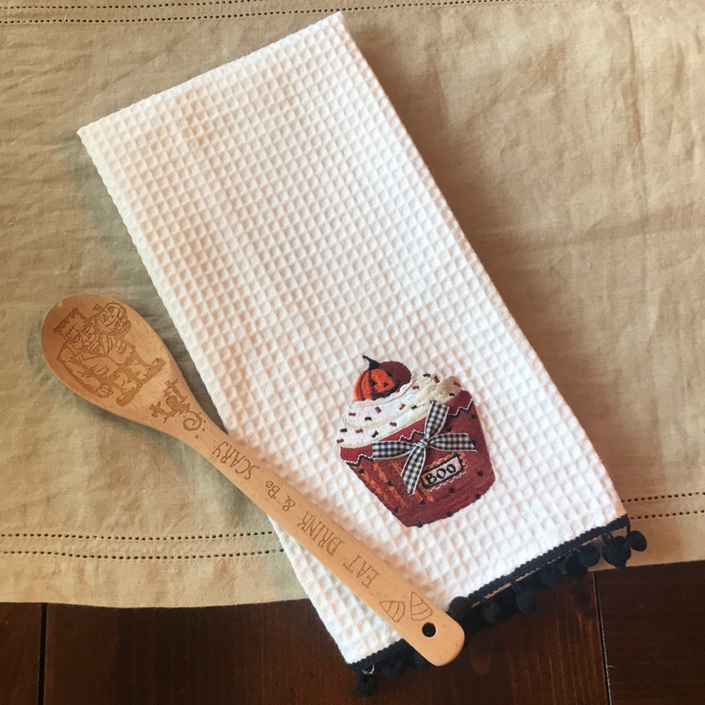 Halloween Waffle Weave Pom Pom Dish Towel